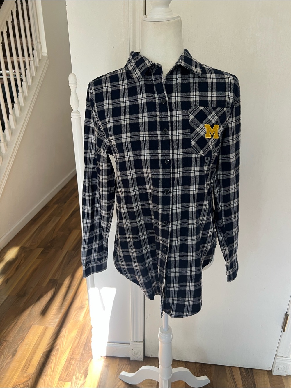 Blue & White Plaid Button-Up, Gold 'M' University of Michigan Detail, M, NWT